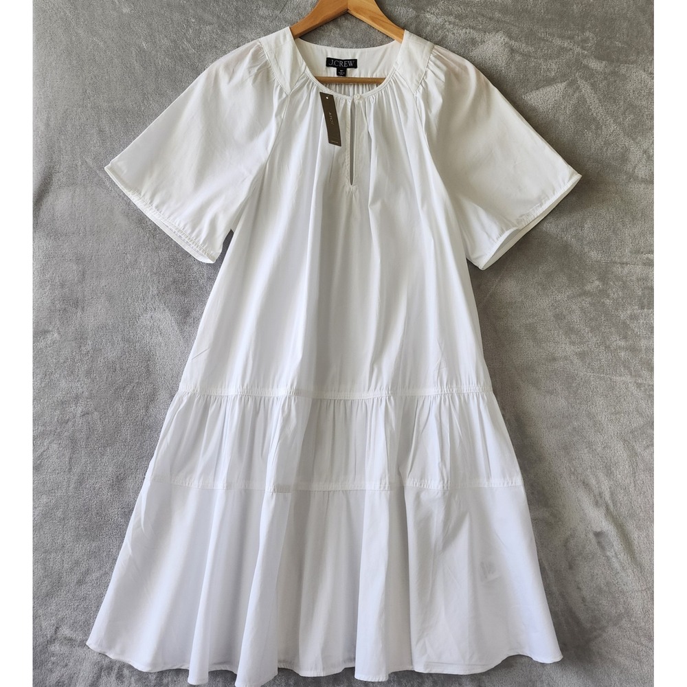 J.Crew Dress Womens Size Medium Tall White Tiered Cotton Poplin Keyhole MT NWT